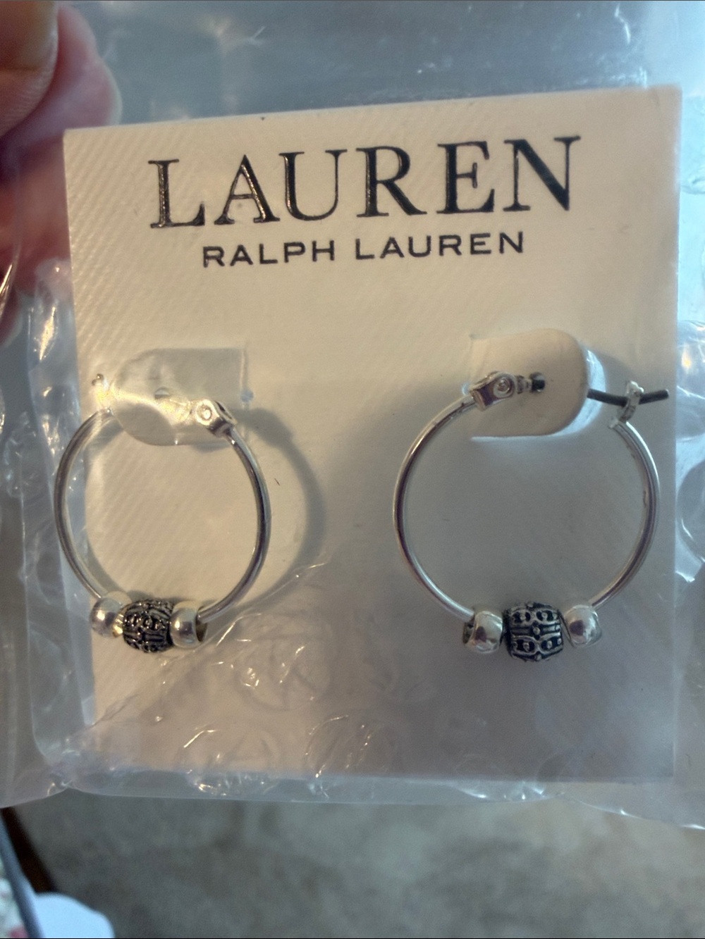 Lauren Ralph Lauren Silver-tone Hoop Earrings with Decorative Beads. New.